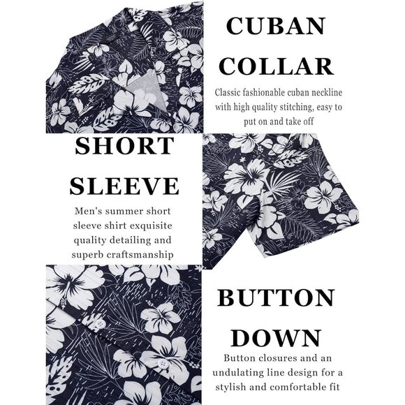 Men's Navy-white Flower Casual Short Sleeve Button Down Textured Beach Shirts - Picture 5 of 6